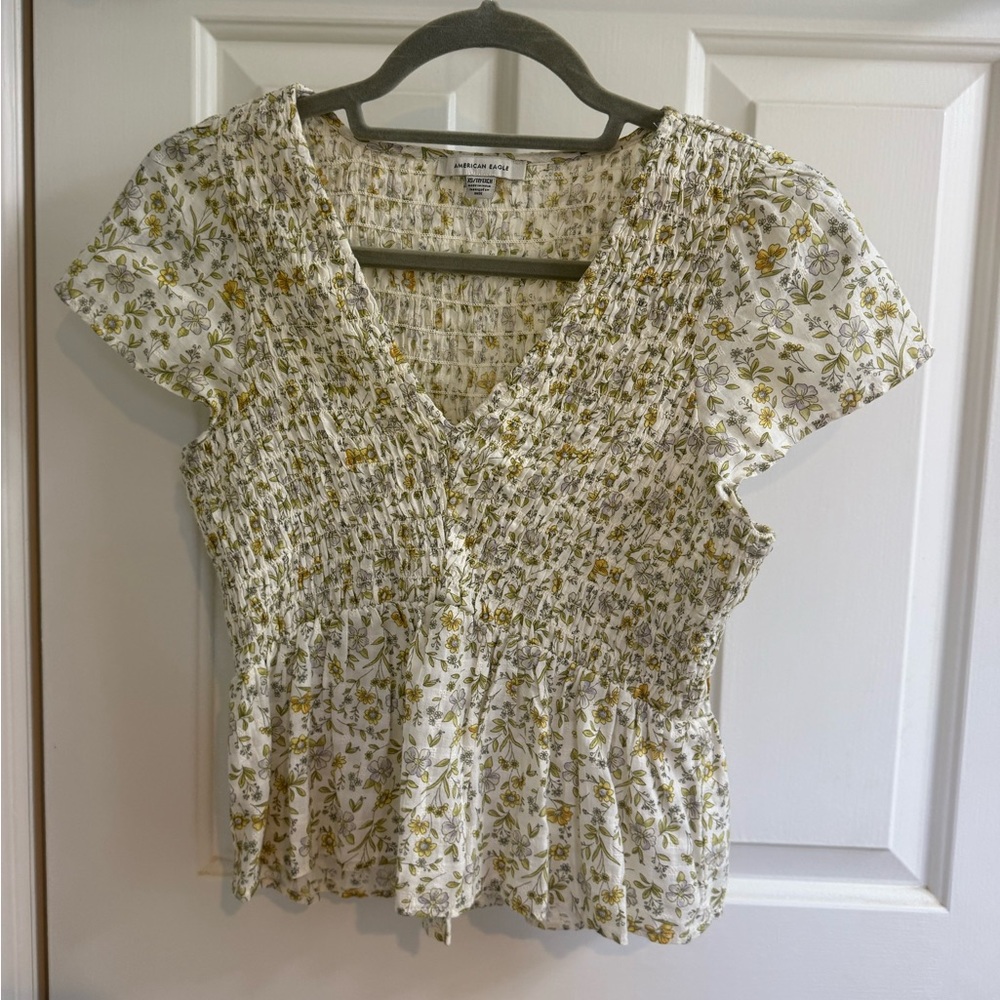American Eagle Outfitters Floral Smocked Blouse - White and Yellow Size XS